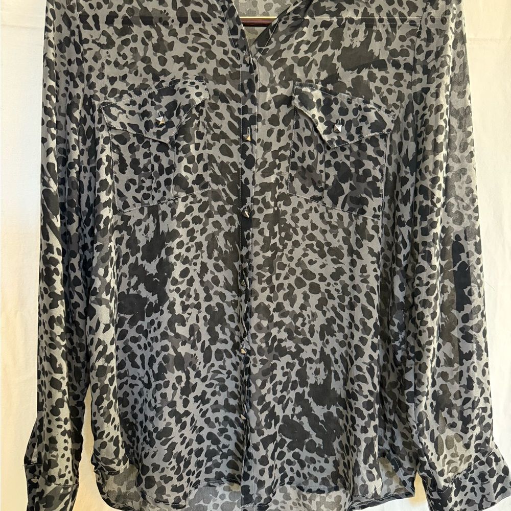 Rock & Republic Sheer Leopard Print Studded Button Down Blouse Gray Black S/M
